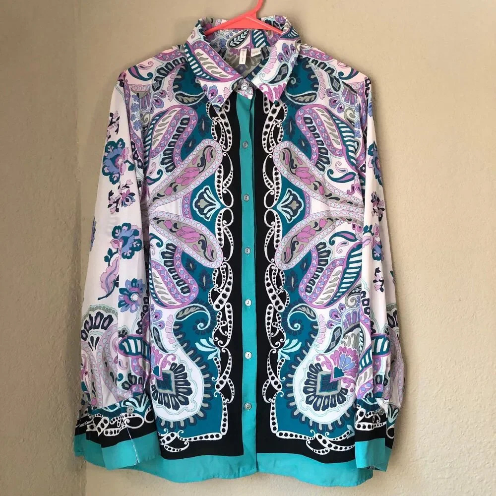 Cato Large Paisley Print Multi Color Button Up Long Sleeve Top Flowy Maximalist